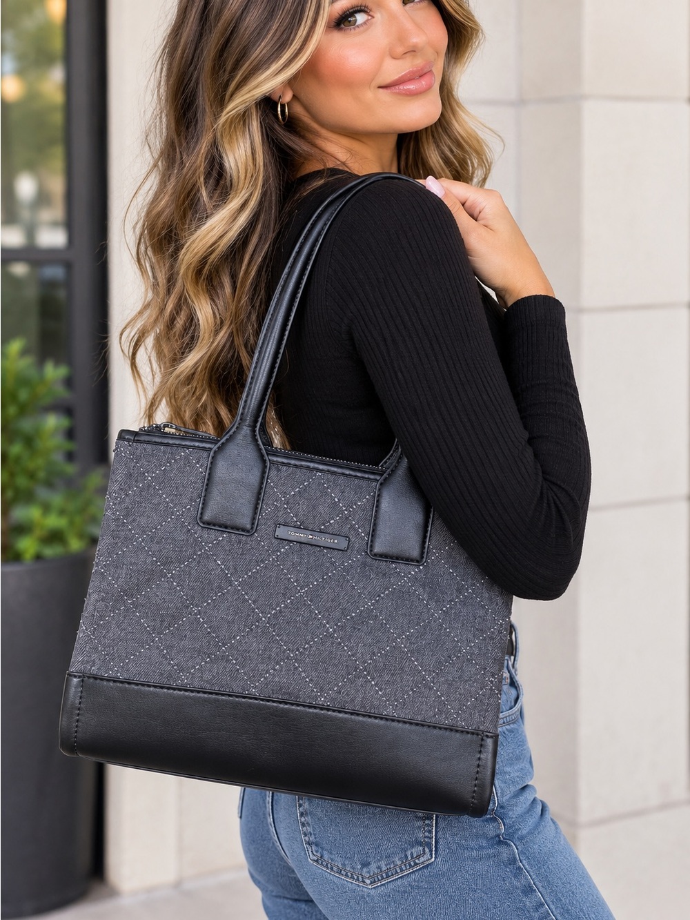 Kurt Geiger London Small Surrey Quilted Denim Tote Bag Black Charcoal NWT